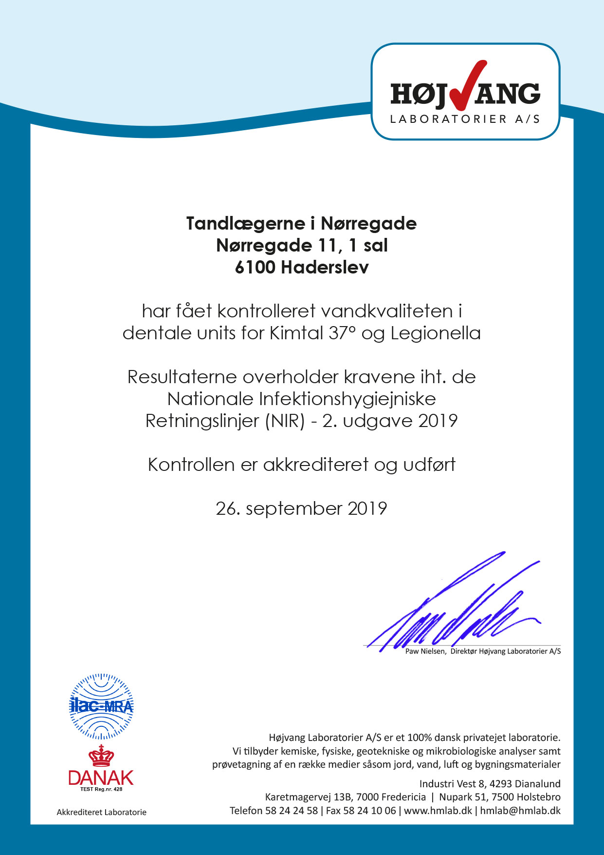 2019 Certifikat Vand kvalitet (Højvang Laboratoriet A/S)